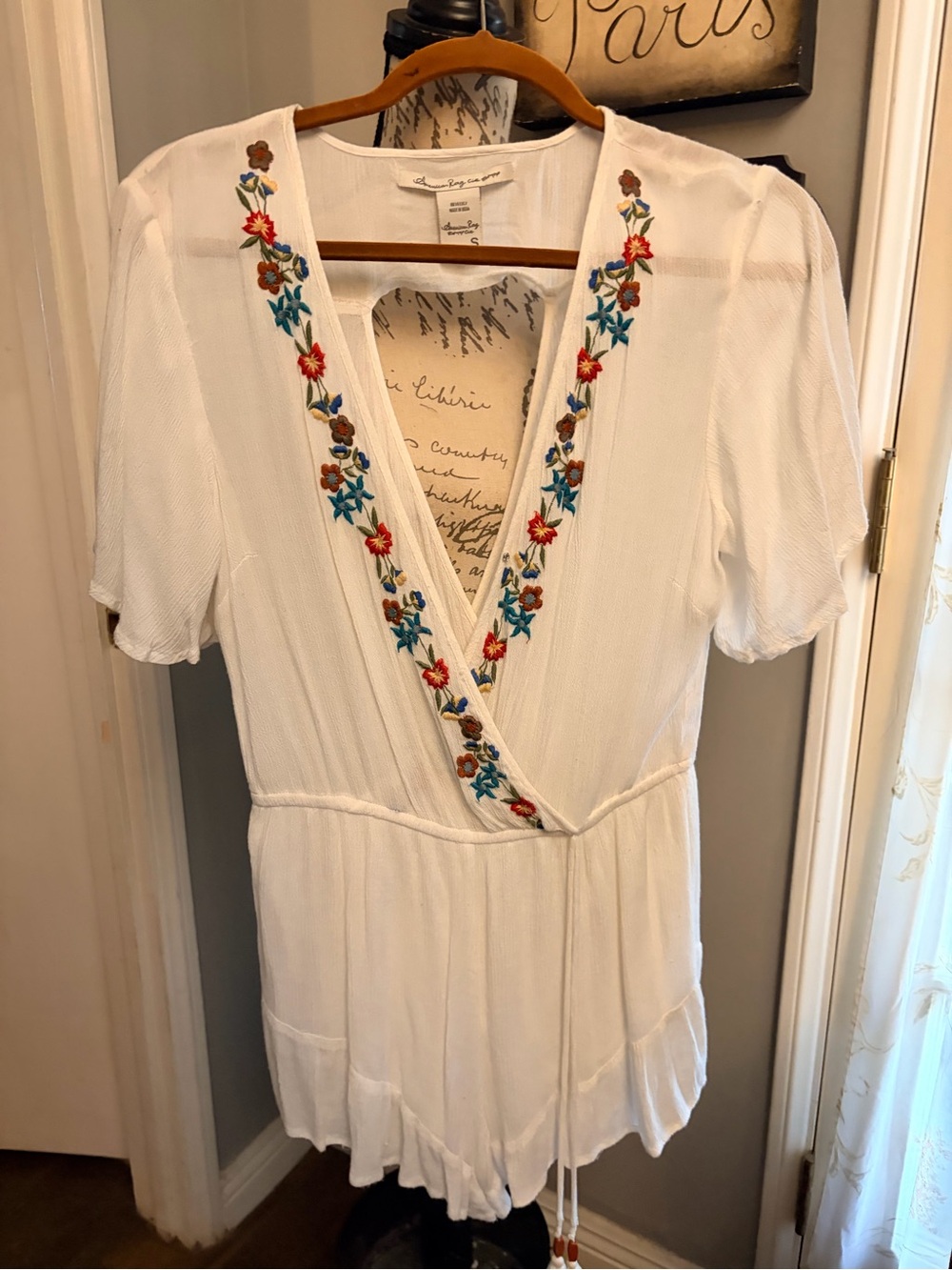 American Rag White Romper with Blue Embroidered Accents